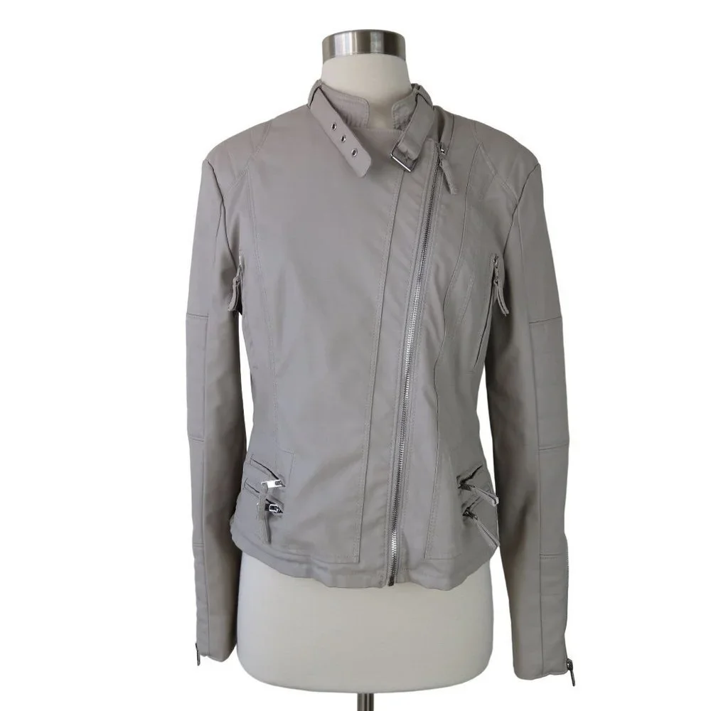 BLANKNYC Women's Tan Faux Leather Asymmetrical Moto Jacket S Vegan Quilted Tucks